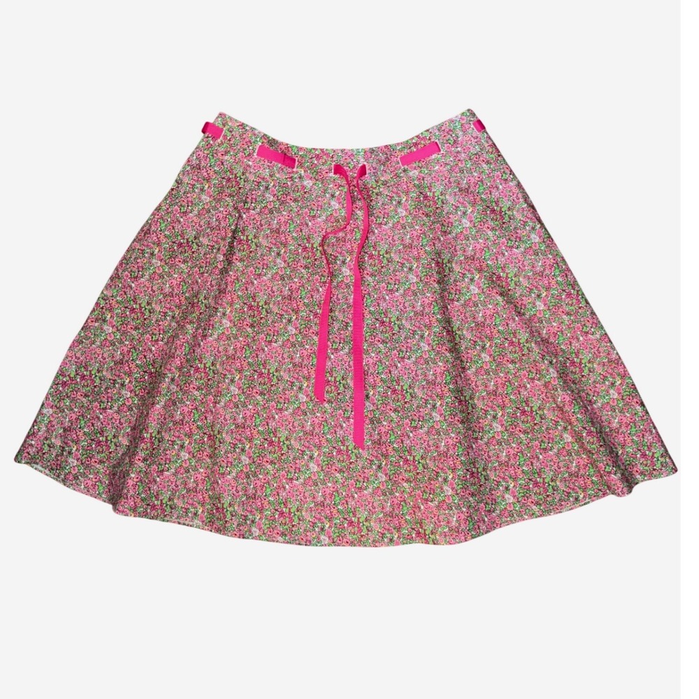 Foxcroft Pink Floral Cotton A-Line Skirt with Ribbon Tie Waist Size 14